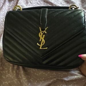 Yves Saint Laurent Black Chevron Shoulder Bag with Gold Accents